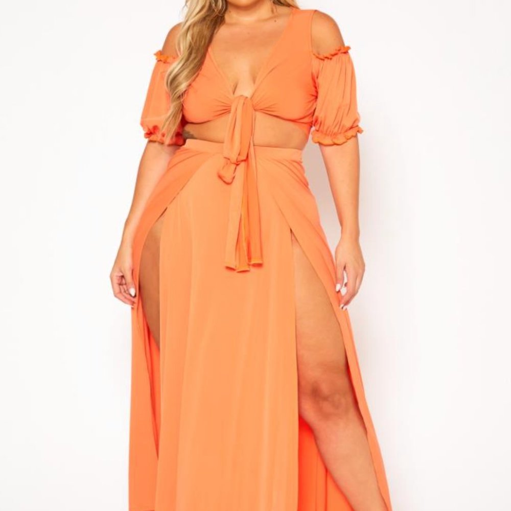 AS. Orange Slink 2 PC Double Slit + Tie Crop Set
